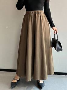 Dazy Plus Pantalones anchos de pierna ancha de unicolor con cintura elástica para mujer de talla grande, pantalones casuales de otoño