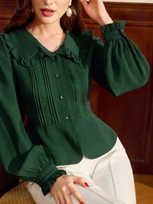Vintamour Vintage Classic Elegant Women's Blouse, Fitted Ruffle Collar Blouse, Striped Floral Lace Trim Blouse, Long Sleeve Button-Up Blouse, Moss Green - Dark Green - View 6
