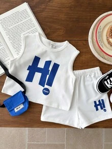 SHEIN 3pcs Baby/Toddler Casual Loose Fit Letter Print Tank Top, Shorts & Bag Set - White - View 5