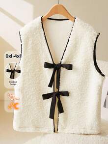 CosyJoli Plus Size Casual Faux Shearling Contrast Trim Bowknot Vest Sleeveless Jacket Fall/Winter - White - View 1