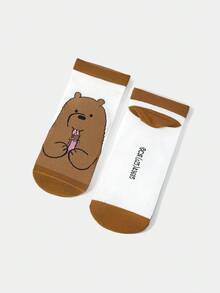 We Bare Bears X SHEIN 1 Đôi tất cổ ngắn họa tiết hoạt hình dễ thương phối màu thoải mái dành cho nữ - màu nâu - Xem 3