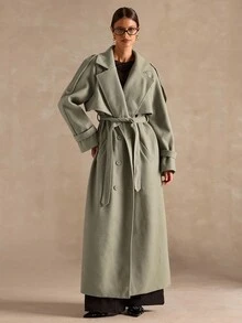 SHEIN BAE 女士简约缺口领长款宽松束带羊毛大衣，适合冬季 - 薄荷綠 - 查看 6