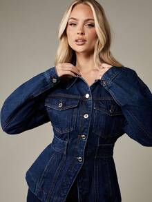 MISSGUIDED Fitted Denim Jacket With Waist Belt Classic Western Trucker Style Button Front Utility Pockets Pointed Collar Fall Winter Outerwear Streetwear Fashion - Dark Wash - View 4