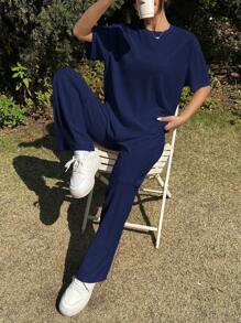 SHEIN EZwear 2 件套休闲宽松海军蓝短袖 T 恤和裤子，加大码 - 藏蓝色 - 查看 7