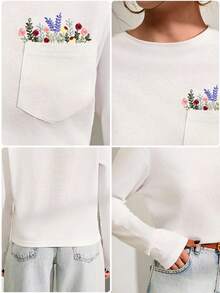 EURMUSE T-Shirt With Flower Embroidery, Round Collar, Pocket Details - White - View 8