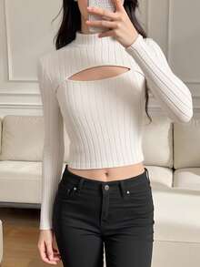 Sparklyn Camiseta casual de manga larga con cuello alto y unicolor acanalado para adolescentes, verano - Caqui - Ver 1