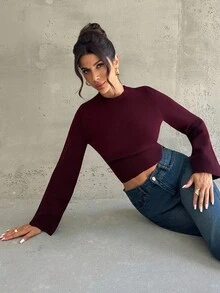 Firerie 女装新款酒红色圆领直袖收腰休闲毛衣上衣春秋冬新款针织毛衣短款毛衣优雅日常通勤女士毛衣简约基础款 - 酒紅色 - 查看 9