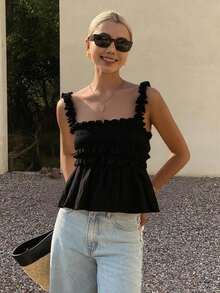 DAZY Damen einfarbiges figurbetontes Spitzen-Schnürung Schwarz Lässig Urlaubs-Trägertop, Ausgehen