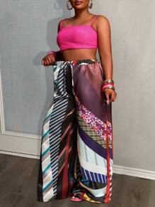 Slaydiva Pantalon évasé ample pour femmes grandes tailles, collection Printemps-Été 2025. Présentant un imprimé tie-dye sur tissu satiné pour le streetwear, les sorties casual, les fêtes et les rassemblements sociaux