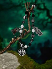 Beetlejuice X SHEIN Fashionable Handmade Acrylic Black & White Striped Beaded Phone Lanyard, Goth Style For Men & Women, Goth - Black and White - View 6