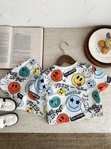 SHEIN Baby Boy Cartoon Print Short Sleeve T-Shirt And Elastic Waist Shorts 2pcs Set, Summer - Multicolor - View 5