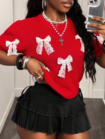 BamGleam Women's Sweater Knit Top, Red Bowknot Collar, Chunky Rib Knit, Short Puff Sleeve, Sexy Casual Minimalist Streetwear Pullover
