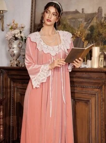 PalaceNights Vintage Palace Style Embroidered Floral Patchwork Peter Pan Collar Velvet Camisole Nightgown + Robe Set, Autumn/Winter, Fall Clothes - Pink - View 4