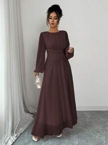 Elenzga 女士春夏法式浪漫西西里优雅休闲通勤度假下午茶派对圆领褶皱腰抽绳 A 字形松紧腰长袖长裙 - 棕色 - 查看 3