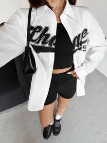 SHEIN 3pcs/Set Teen Girl Loose Casual Retro American Style Sweatshirt Top And Shorts Outfit - White - View 4