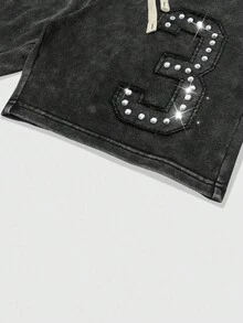 ROMWE MEN Prep Conjunto de top sin mangas y pantalones cortos casuales de verano para hombres con decoración de rhinestones - Negro - Ver 6