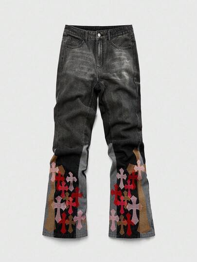 Grunge Punk Jeans de mezclilla con parches de color contrastante, bordado cruzado y estilo retro de moda para hombres