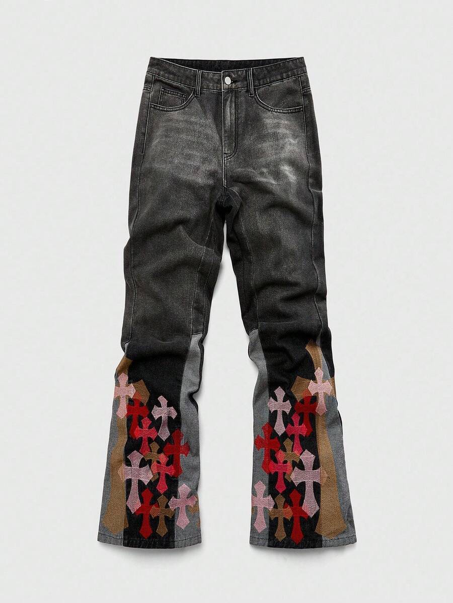 ROMWE MEN Grunge Punk Men's Fashionable Retro Cross Contrast Color Patchwork Cross Embroidery Denim Jeans