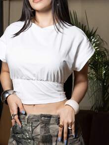 Steff Loaiza Women's Summer Western Wear Boho Going Out Fashion Solid Color Batwing Sleeve Cropped White T-Shirt,Rave Top