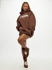 SUMWON WOMEN Oversized Sweatshirt Mini Dress Graphic Print Hoodie Dress Street Style Pullover Long Sleeve Fall Loungewear Casual Hooded Drop Shoulder Loose Fit - Brown - View 3