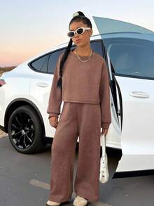 Sparklyn Tween Girls Casual All-Match Versatile Daily School Sports Street Acid-Washed Loose Cropped Sweatshirt + Wide Leg Pants Set Fall Winter - Brown - View 9