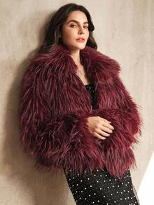 Anewsta 时尚酒红色和黑色仿皮草短外套，女士秋冬款 - 酒紅色 - 查看 6