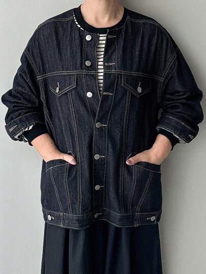 FRIFUL Women's Drop Shoulder Long Sleeve Single-Breasted Pocket Loose Casual Denim Jacket