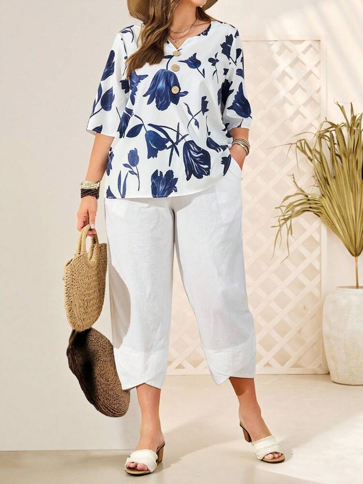 Plus Size Women Floral Print Blouse And Capri Pants Set, Summer,Holiday Outfits,Flower/Vacation/Spring