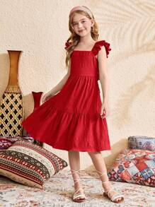 SHEIN Vestido texturizado para niñas preadolescentes con cuello cuadrado, decoración de lazo y mangas con volantes en la espalda abierta - Rojo - Ver 8