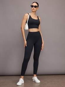 Activina Leggings sin costuras de cintura alta de unicolor para mujer - Negro - Ver 4