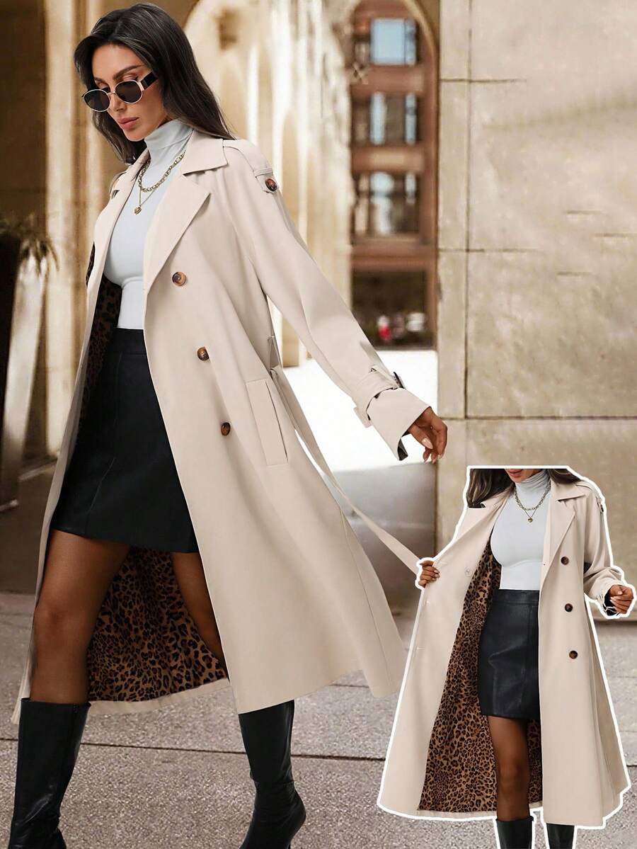 SHEIN Clasi 女式卡其色豹纹腰带收腰休闲外套夹克，秋冬 - 卡其色 - 查看 1