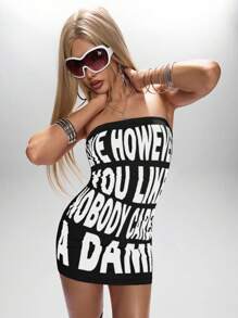 ROMWE Street Life Kpop加州性感女孩粉色字母印花迷你连衣裙 - 黑色 - 查看 6