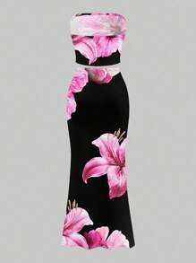 Slaydiva 2 件套女士休闲花卉印花短款上衣和紧身长裙，夏季 - 彩色 - 查看 3