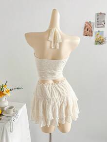 Soleia WYWH Women's Holiday Outfit, Cream White Textured Knit Fabric Lace Patchwork Halter Top & Tiered Lace Ruffle Mini Skirt Set, Suitable For Holiday, Date, Afternoon Tea, Beach Suit, Cruise, City Vacation, All Seasons, Music Festival, Boho Vacation, Can Be Worn Inside Or Outside Cream Two Piece Set Two Piece Skirt Set Summer Two Piece Set Summer Skirt Set - Beige - View 2