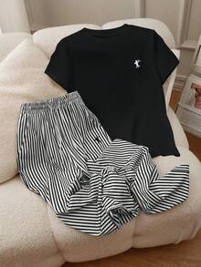 INAWLY 女式抽绳 T 恤和条纹短裤，黑白马标志 2 件套 - 黑色 - 查看 3