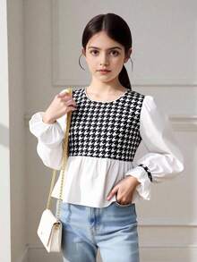 青少年女孩休闲日常翻领拼接千鸟格泡泡袖 A 字下摆衬衫，开学季 - 黑與白 - 查看 3