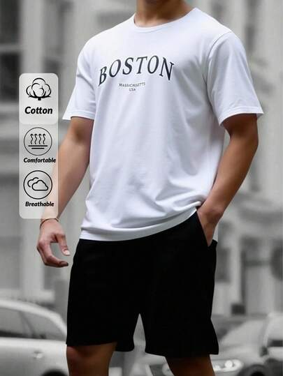 RueChic Men Drawstring Waist Pocket Letter Printed Regular Short Sleeve T-Shirt & Short Set