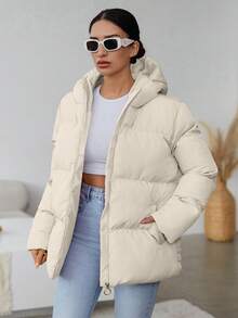 RueChic Của phụ nữ Xám Màu thuần áo có mũ Đệm Áo khoác - Màu be - Xem 6
