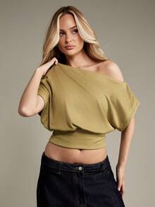 MISSGUIDED Áo crop top dệt kim trễ vai không đối xứng ôm sát eo tay ngắn mùa hè thu thường ngày cơ bản ôm sát thời trang phương Tây áo cánh thiết yếu Giáng sinh - màu xanh lá - Xem 1