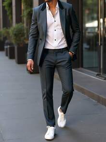 Manfinity Mode 男士修身双排扣西装套装 - 深灰色 - 查看 1