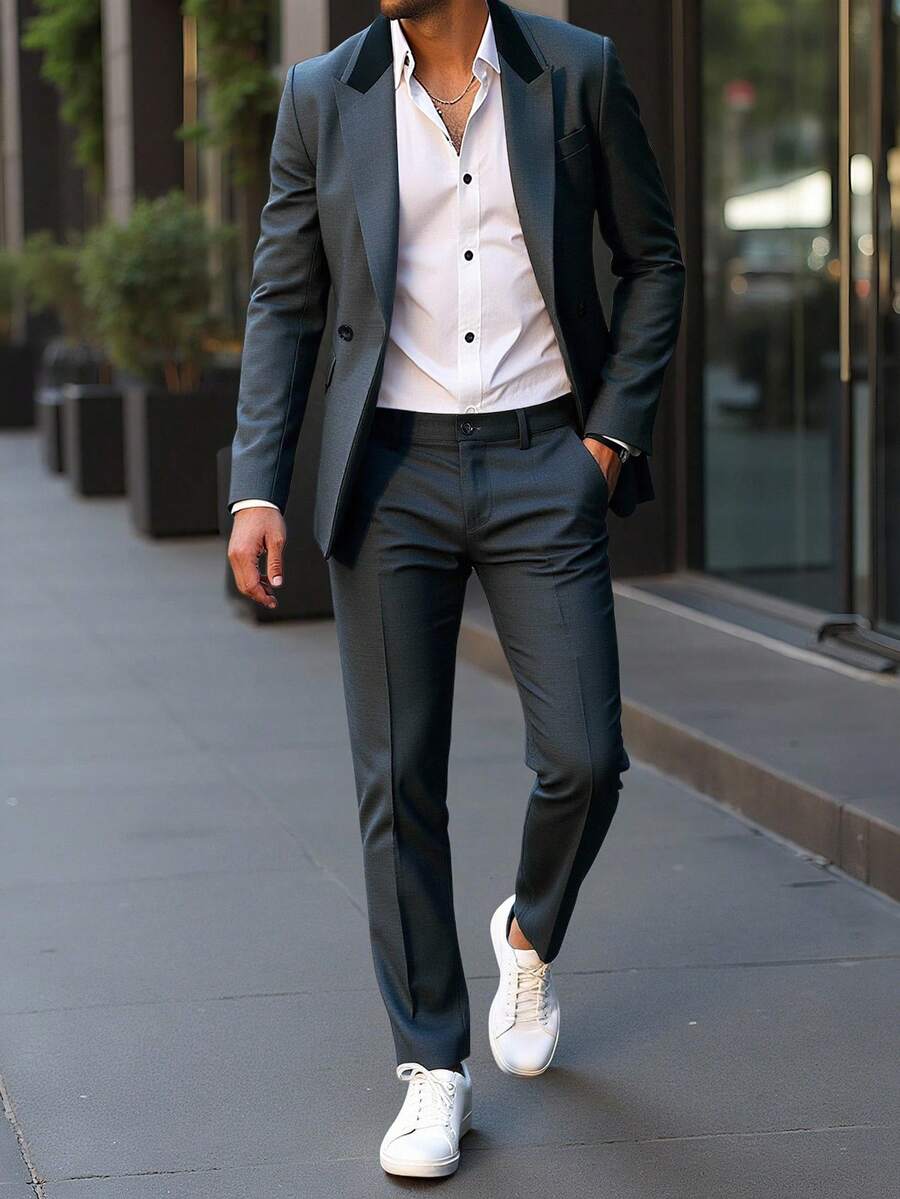 Manfinity Mode 男士修身双排扣西装套装 - 深灰色 - 查看 1