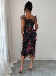 Elenzga Elegancka, romantyczna sukienka damska z siateczki z nadrukiem i marszczeniami w talii o średniej długości, odpowiednia na sezon ślubny, imprezy, randki, nieformalne wyjścia i nie tylko - Czarne - Zobacz 2