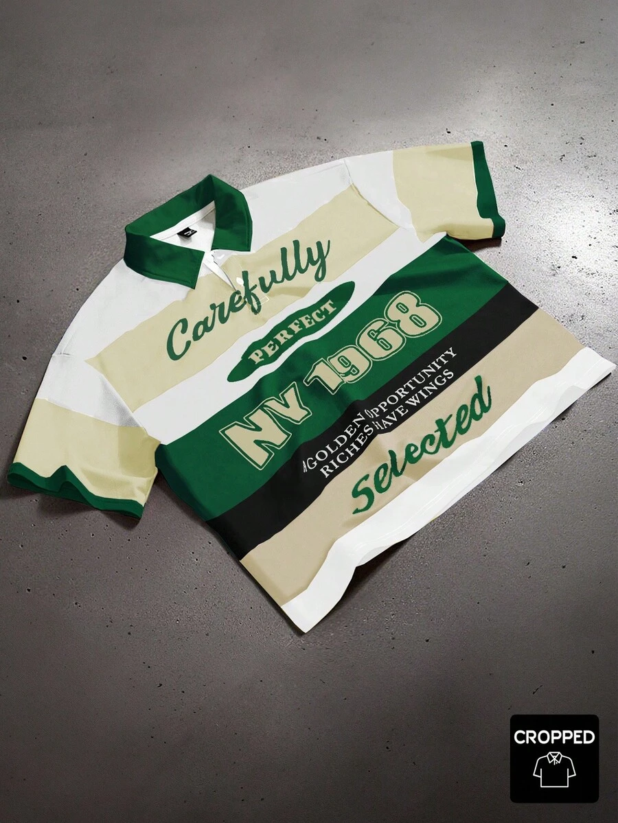 Manfinity Roghcode Manfinity Streetrush Men's Cropped Polo T-Shirt,Short Sleeve Loose Fit,Hip-Hop Streetwear,Vintage Racing Rugby Style,Graphic,White,Summer,City Break - Green - View 1