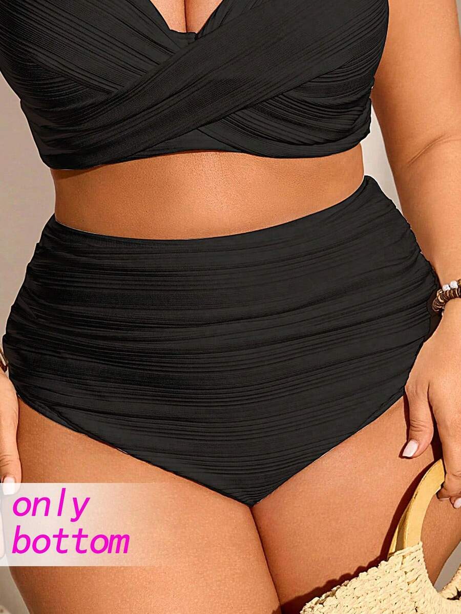 Swim Chiccia Plus Size Women Swim Bottom Bottoms, Ruched Solid Color Design Slimming For Everyday & Beach Wear For Summer Beach Vacation - Black - View 1