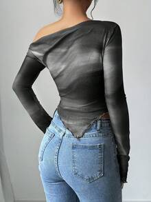 Firerie 女士时尚通勤扎染不对称长袖T恤 - 灰色 - 查看 2