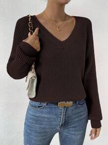 SHEIN LUNE Sweater Kasual Wanita Warna Polos Lengan Raglan untuk Musim Gugur dan Musim Dingin - Coffee Brown - View 4