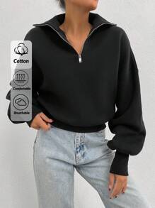 SHEIN Tall 100% Cotton Collar With Zipper Pattern Oversize Sweatshirt - Black - View 1