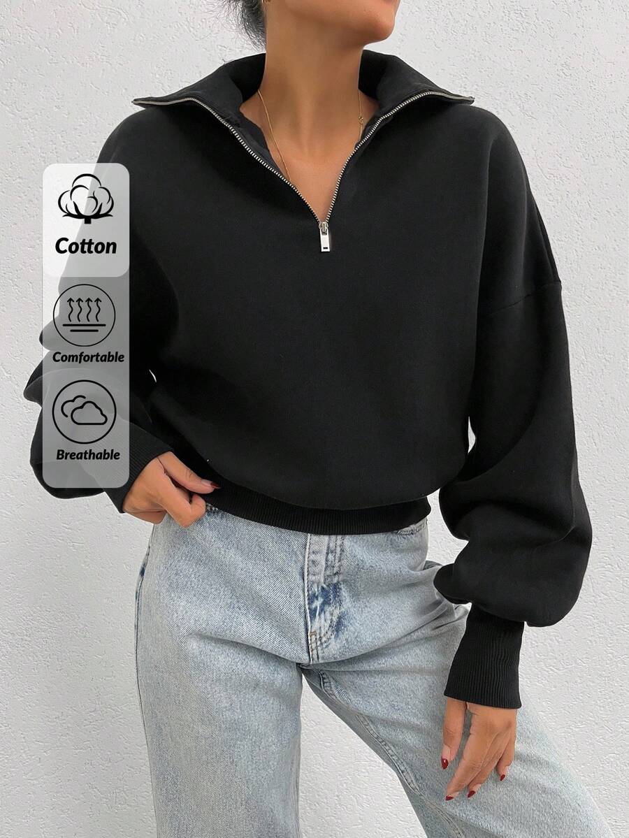 SHEIN Tall 100% Cotton Collar With Zipper Pattern Oversize Sweatshirt - Black - View 1