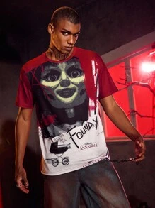 ANNABELLE x SHEIN Camiseta de manga corta con cuello redondo y bloqueo de color con figura gráfica de película de terror para hombres - Multicolor - Ver 4