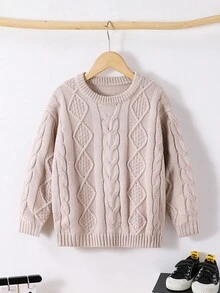 SHEIN Girls' Cable Knit Pullover Sweater,Pink Retro Round Neck Twist Stitch Sweaters For Autumn,Soft Fashionable Back-To-School,Holiday,School Traveling - Khaki - View 9